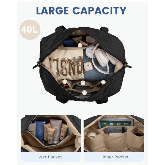 LOVEVOOK Travel Duffle Bag Quilted Weekender for Women with Shoe Compartment Bla - Picture 4 of 9